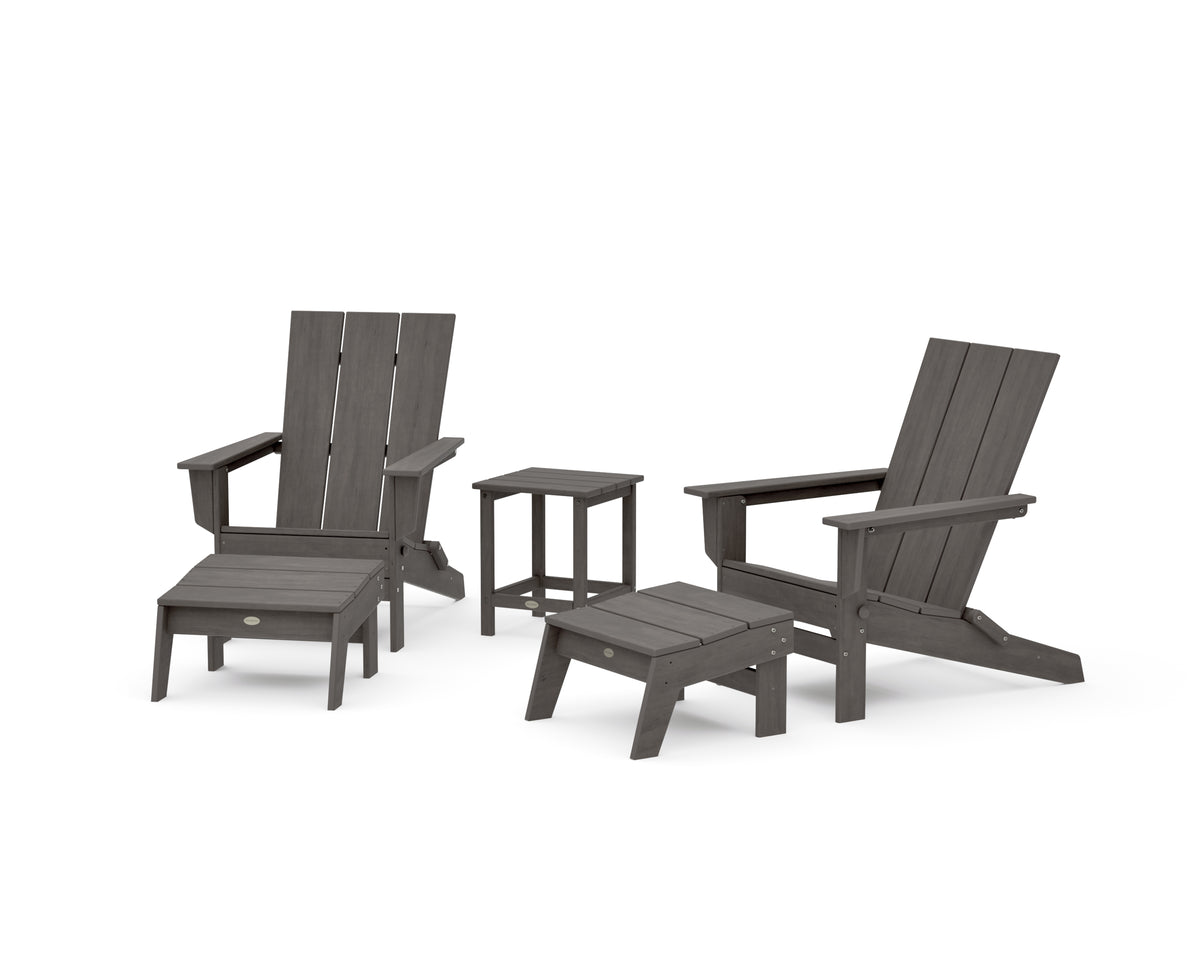 POLYWOOD 5-Piece Modern Studio Folding Adirondack Set with Ottomans and Side Table in Driftwood