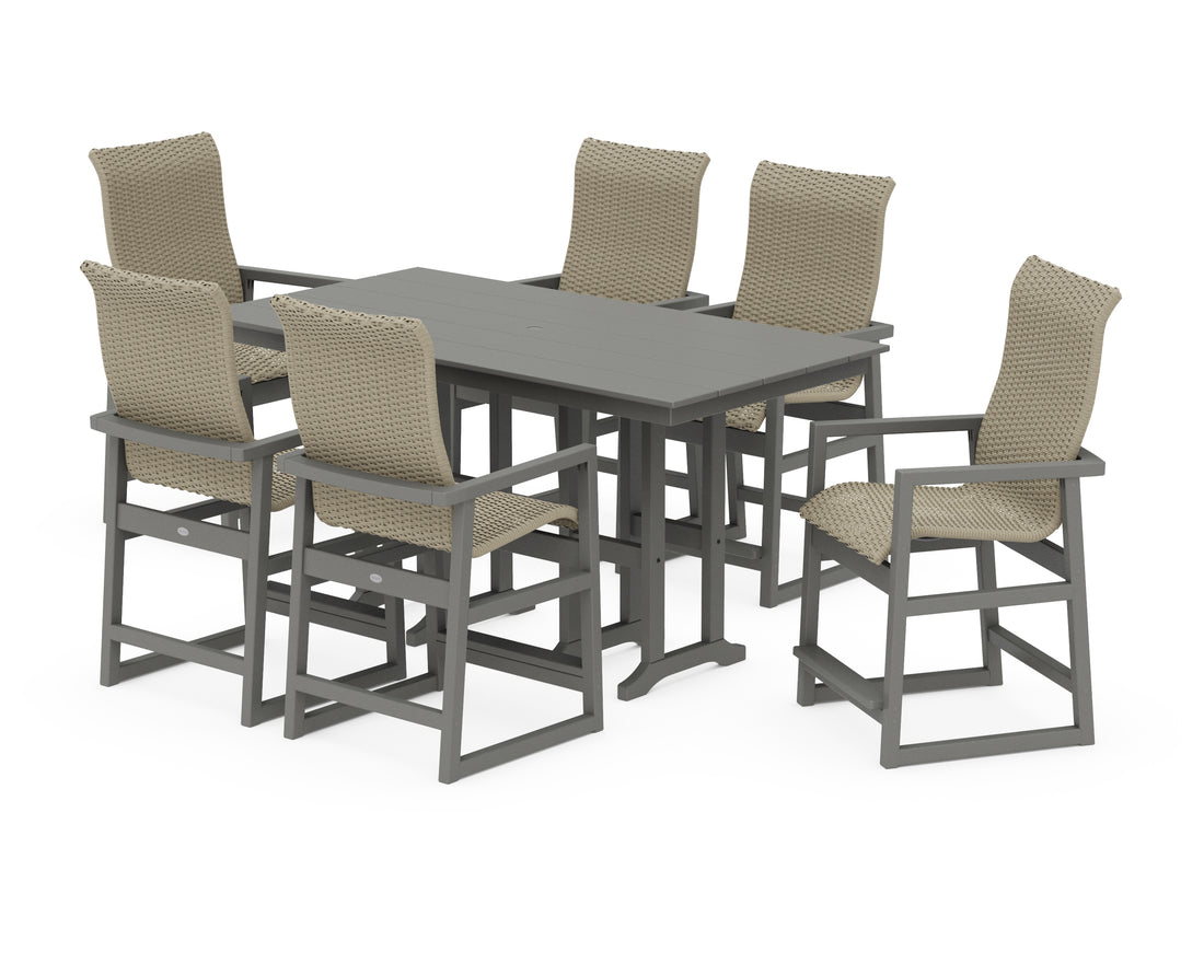 POLYWOOD EDGE Woven Highback Arm Chair 7-Piece Farmhouse Counter Set in Slate Grey / Dune Grass