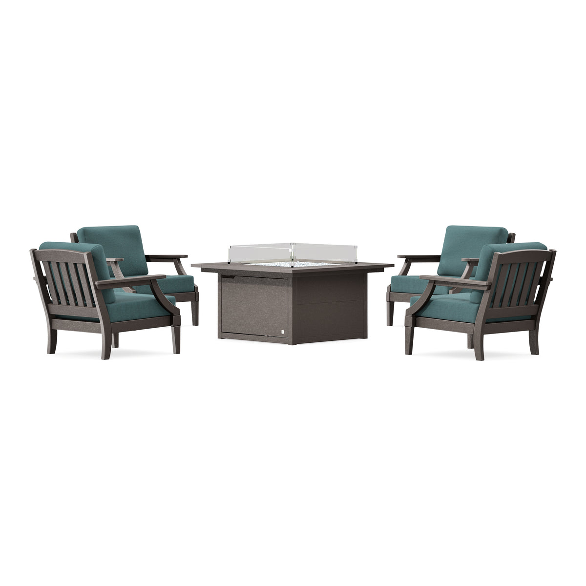 POLYWOOD PW Designer Series Estate 5-Piece Lounge Fire Table Set in Vintage Coffee / Ocean Teal