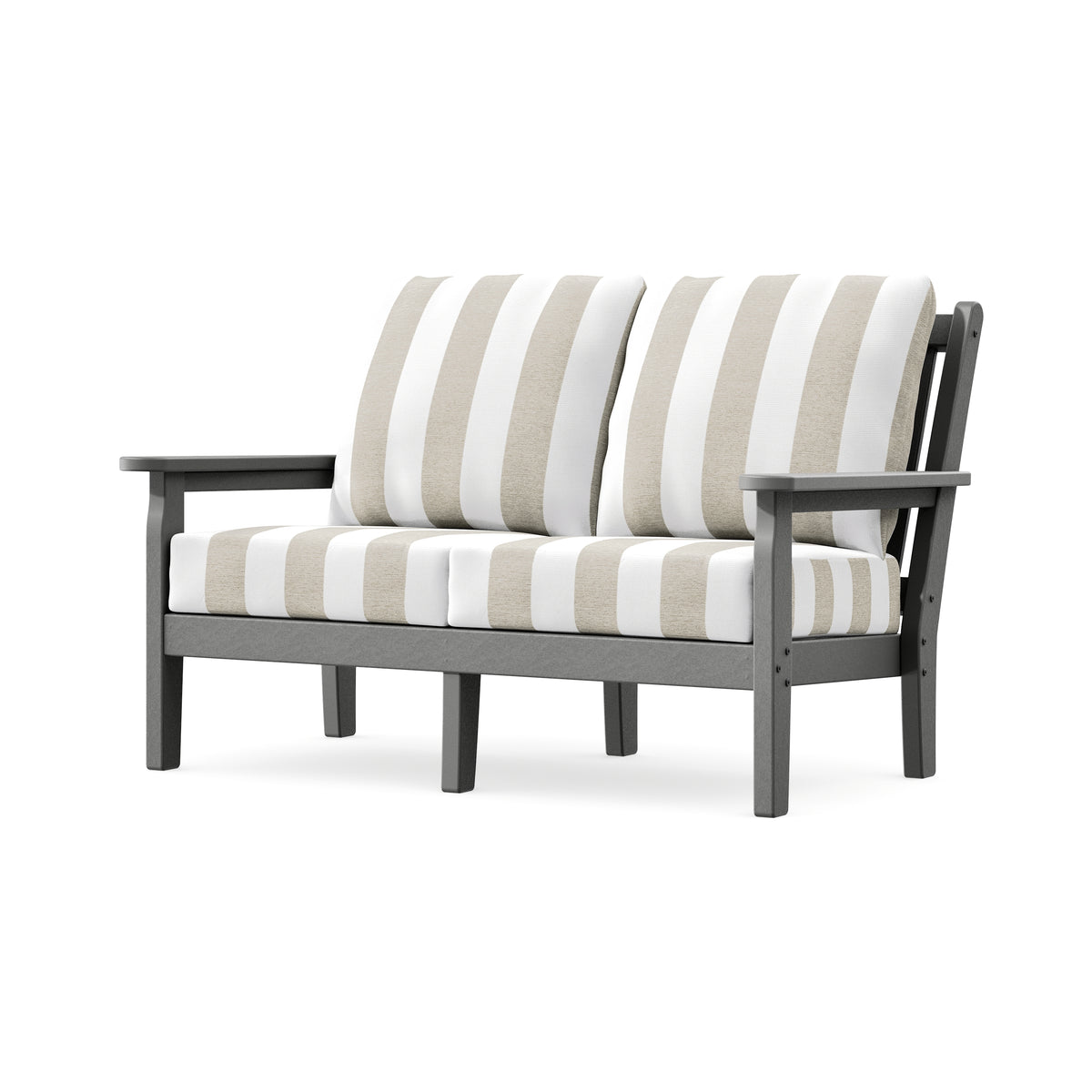 POLYWOOD Chippendale Deep Seating Loveseat in Slate Grey / Cabana Stripe Dune Burlap