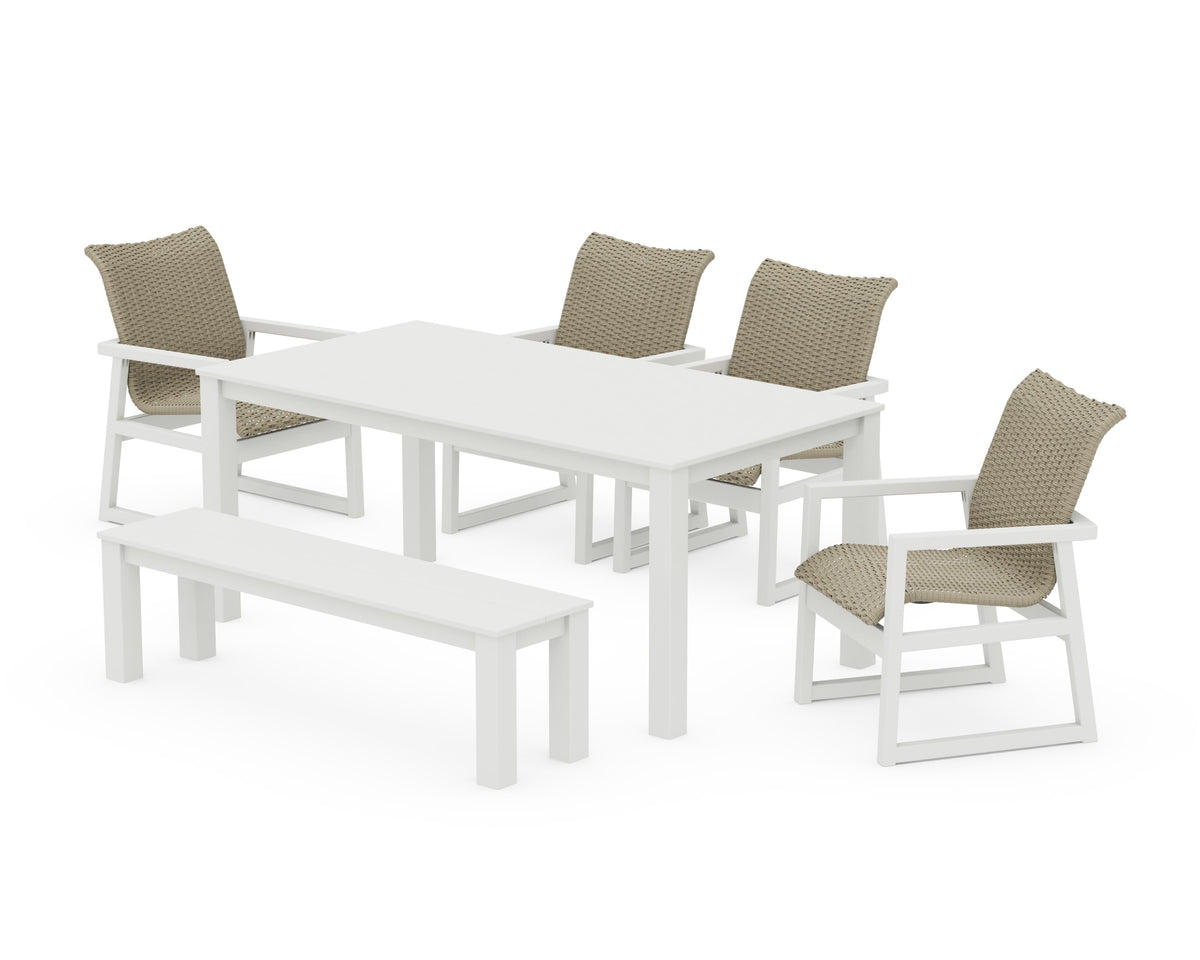 POLYWOOD EDGE Woven 6-Piece Parsons Dining Set with Bench in White / Dune Grass