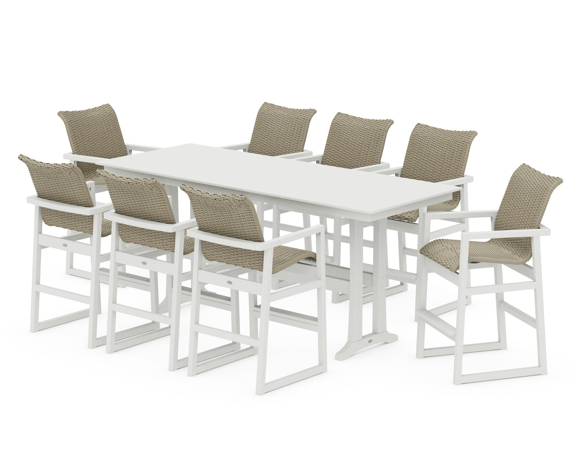 POLYWOOD EDGE Woven 9-Piece Farmhouse Bar Set with Trestle Legs in White / Dune Grass