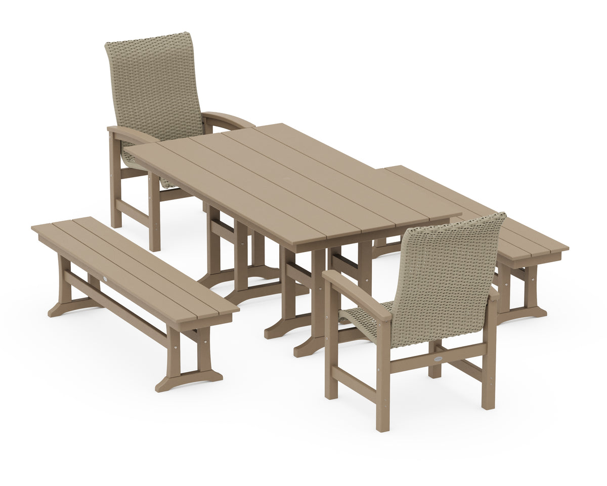 POLYWOOD Coastal Woven High-Back 5-Piece Farmhouse Dining Set with Benches in Vintage Sahara / Dune Grass