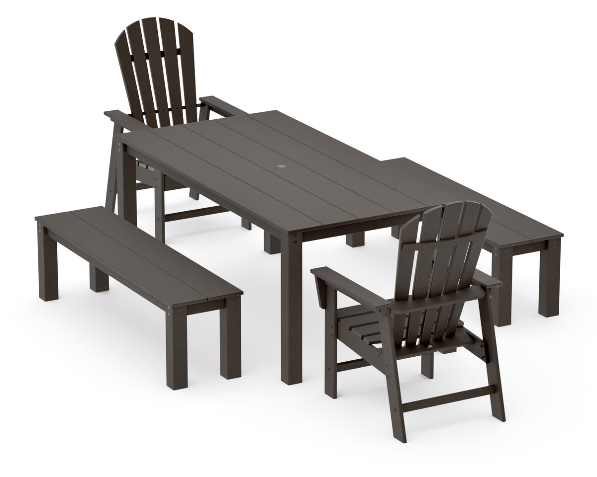 POLYWOOD South Beach 5-Piece Parsons Dining Set with Benches in Vintage Coffee