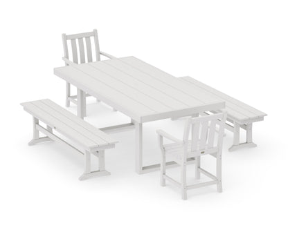 POLYWOOD Traditional Garden 5-Piece Dining Set with Benches - 39" x 78" Table in Vintage White