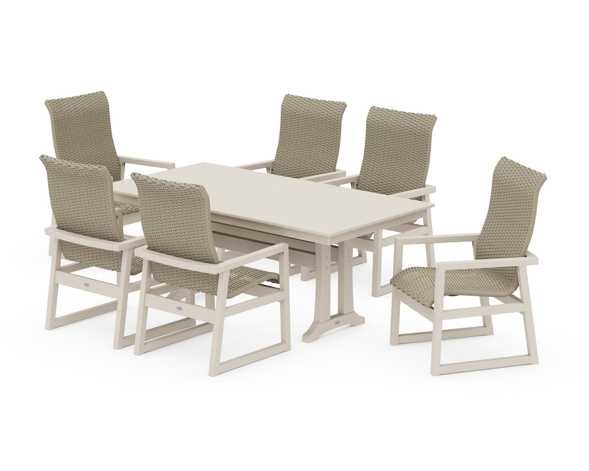 POLYWOOD EDGE Woven High-Back Arm Chair 7-Piece Farmhouse Dining Set with Trestle Legs in Sand / Dune Grass