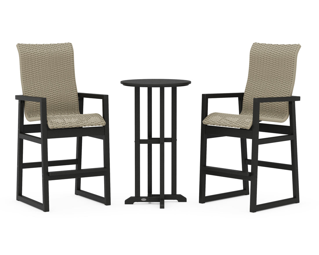 POLYWOOD EDGE Woven Highback 3-Piece Farmhouse Bar Set in Black / Dune Grass