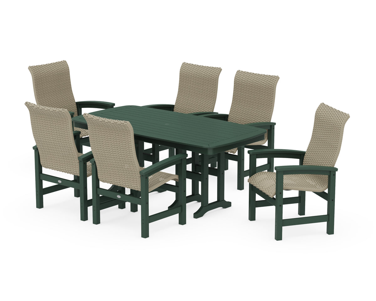 POLYWOOD Coastal Woven High-Back Arm Chair 7-Piece Dining Set in Green / Dune Grass