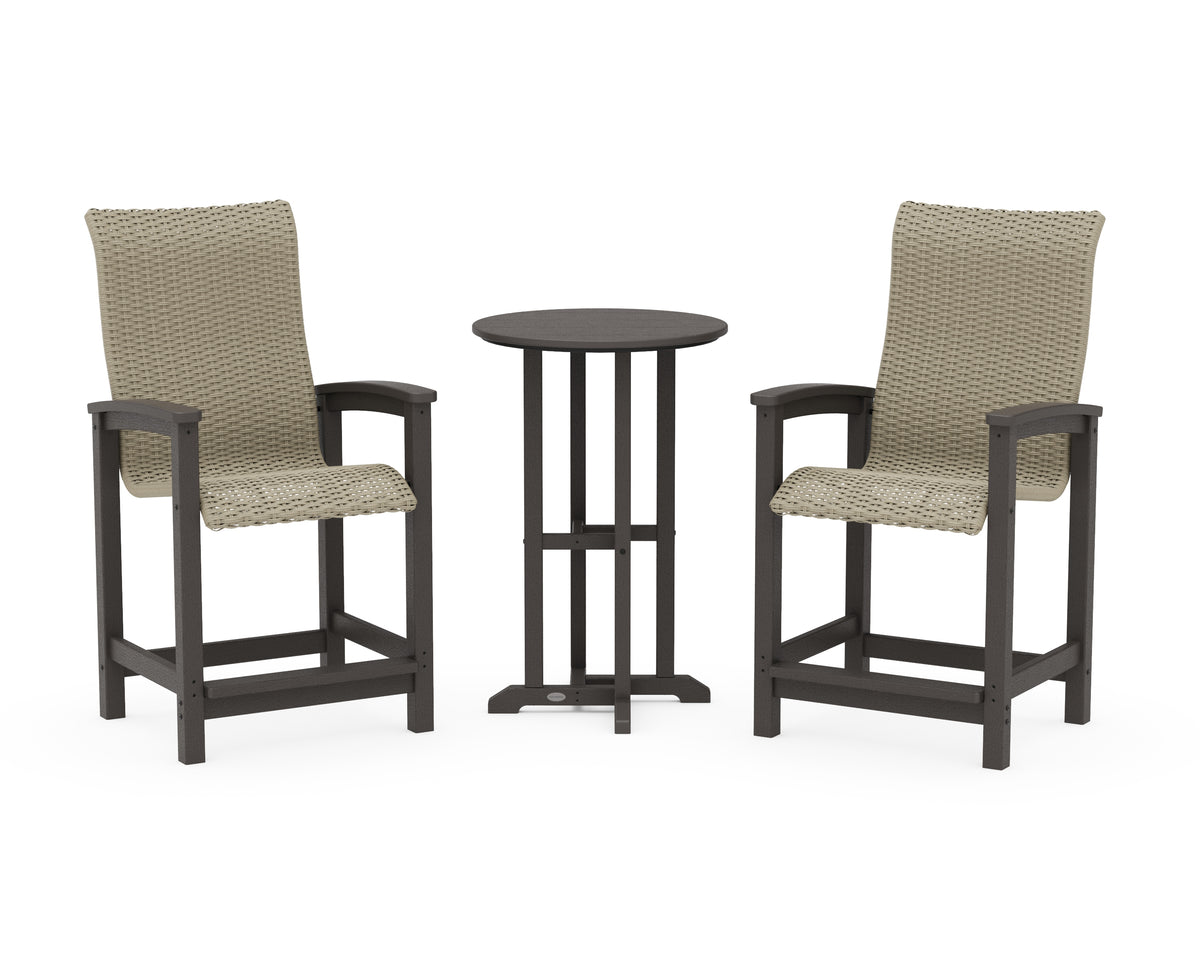 POLYWOOD Coastal Woven High-Back 3-Piece Farmhouse Counter Set in Vintage Coffee / Dune Grass
