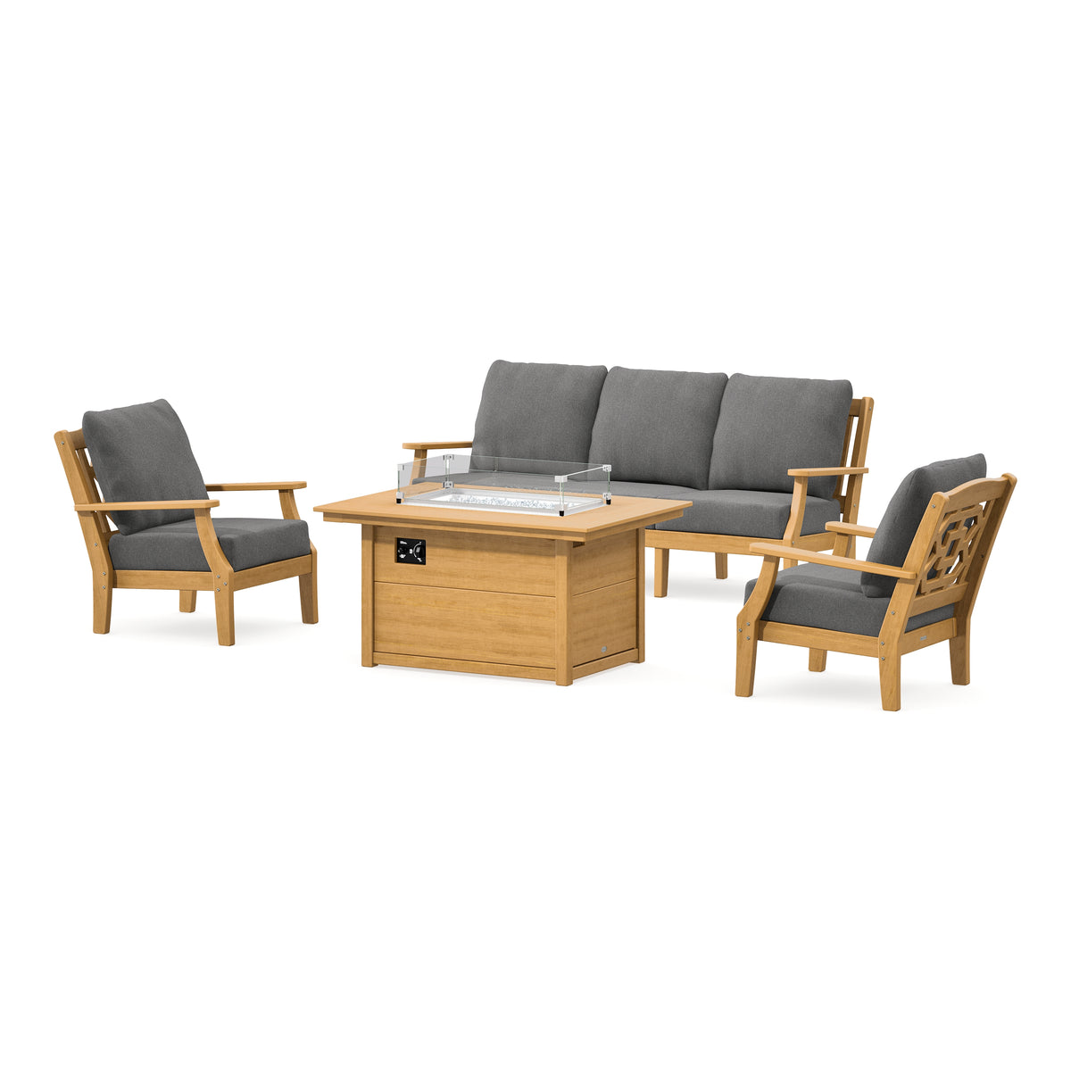 POLYWOOD Chinoiserie Deep Seating Fire Pit Table Set in Natural