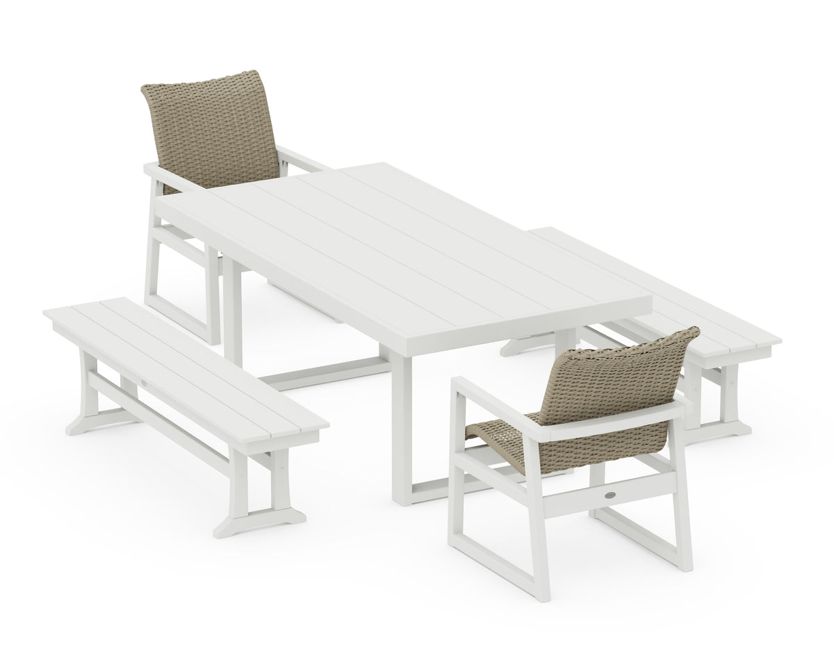 POLYWOOD EDGE Woven 5-Piece Dining Set with Benches in Vintage White / Dune Grass