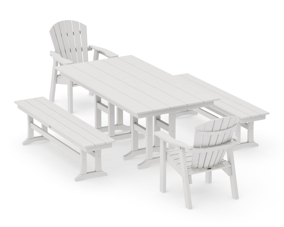 POLYWOOD Seashell 5-Piece Farmhouse Dining Set with Benches in Vintage White