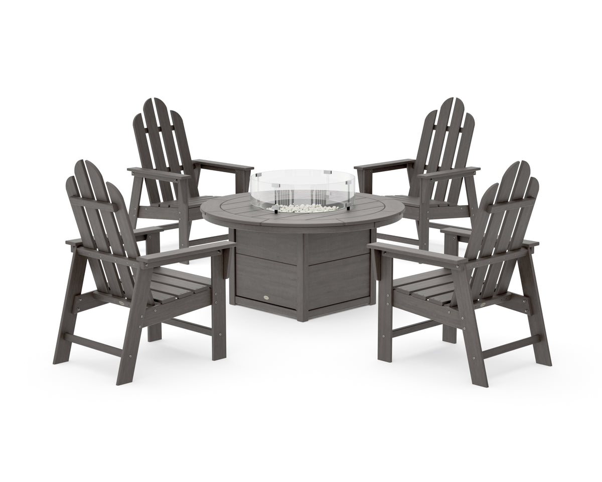 POLYWOOD Long Island 4-Piece Upright Adirondack Conversation Set with Fire Pit Table in Driftwood
