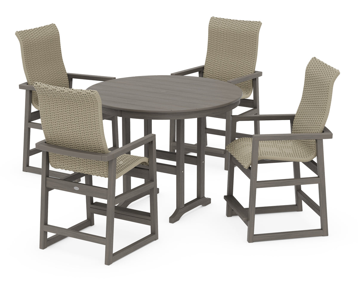 POLYWOOD EDGE Woven Highback 5-Piece Round Farmhouse Counter Set in Driftwood / Dune Grass