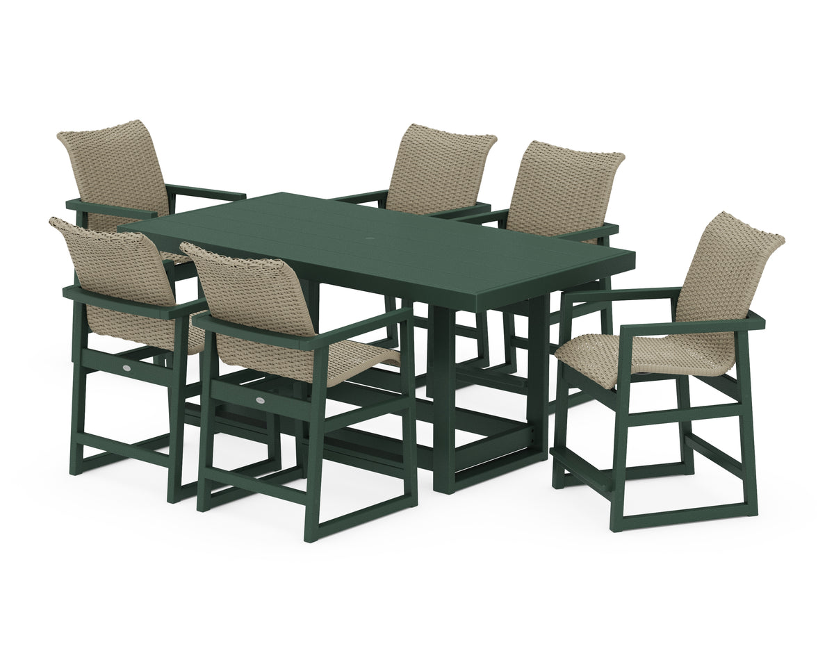 POLYWOOD EDGE Woven Arm Chair 7-Piece Counter Set in Green / Dune Grass