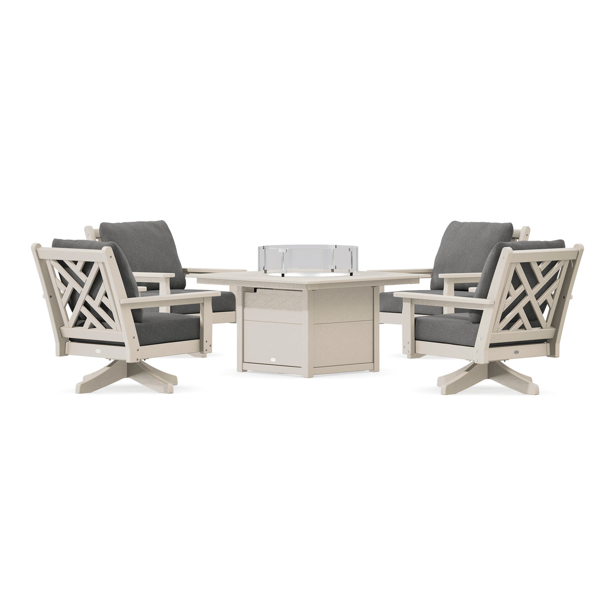 POLYWOOD Chippendale 5-Piece Deep Seating Swivel Conversation Set with Fire Pit Table in Sand
