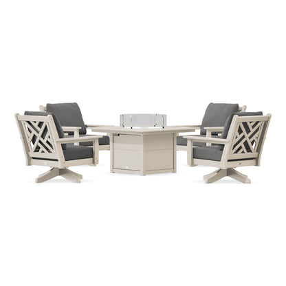 POLYWOOD Chippendale 5-Piece Deep Seating Swivel Conversation Set with Fire Pit Table in Sand
