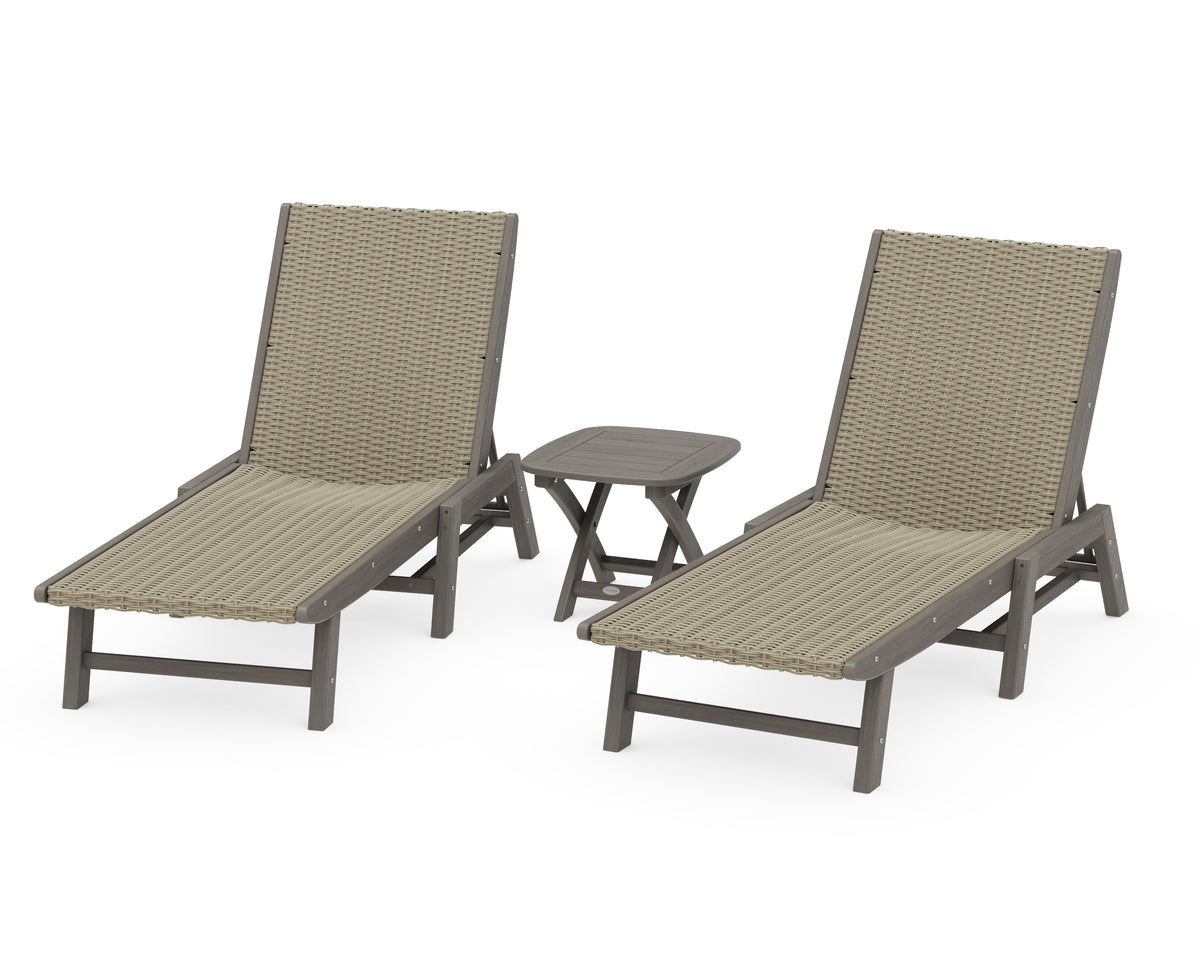 POLYWOOD 3-Piece Coastal Woven Chaise Lounge Set in Driftwood / Dune Grass