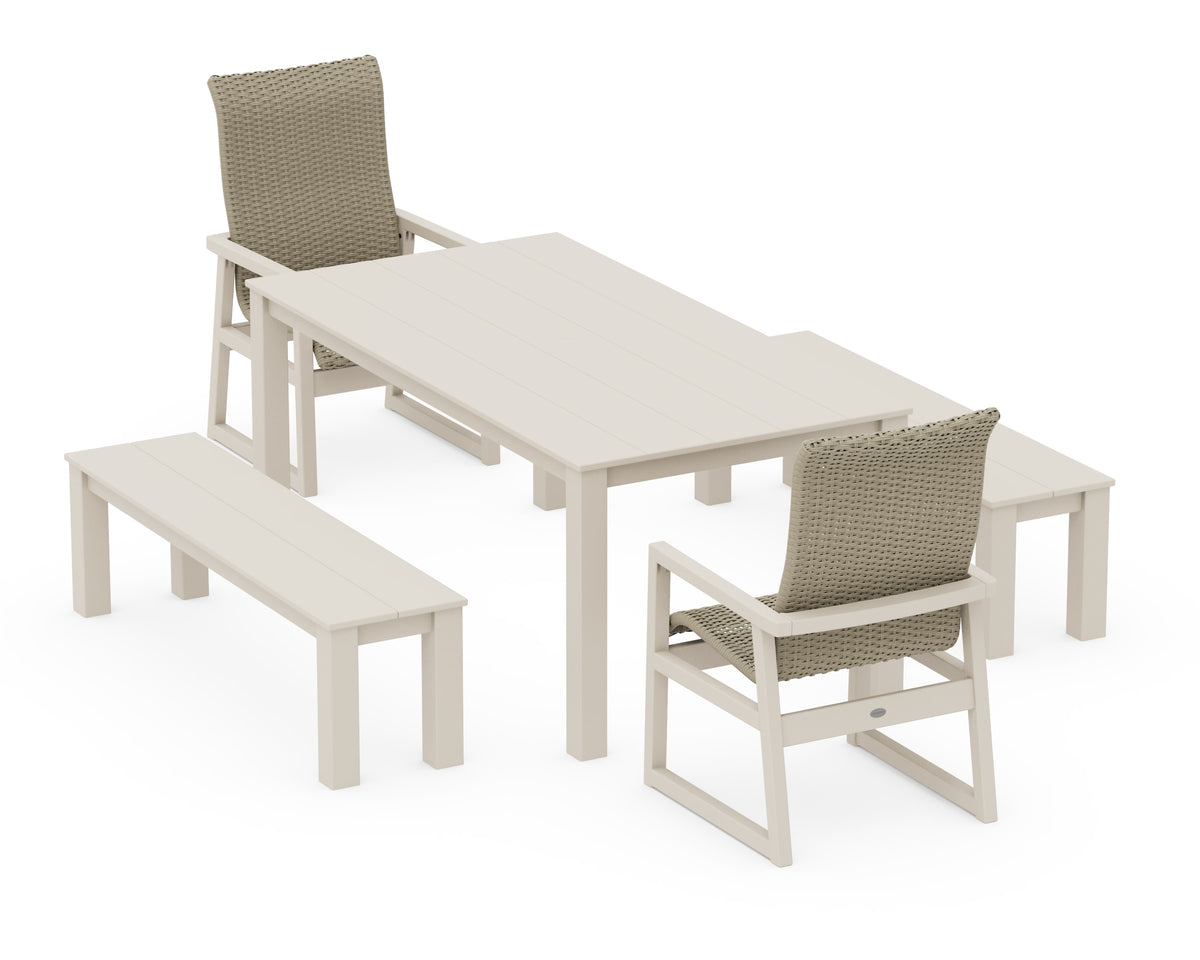 POLYWOOD EDGE Woven High-Back 5-Piece Parsons Dining Set with Benches in Sand / Dune Grass