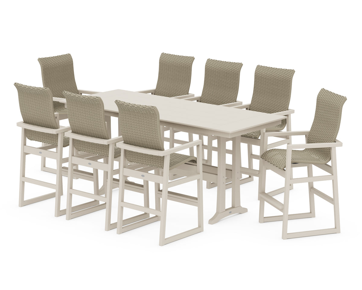 POLYWOOD EDGE Woven Highback 9-Piece Farmhouse Bar Set with Trestle Legs in Sand / Dune Grass