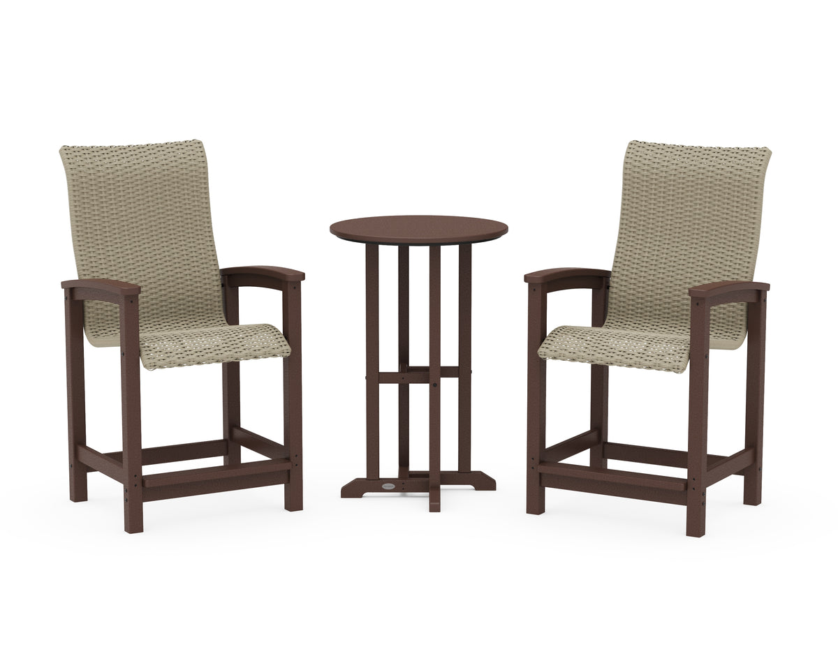 POLYWOOD Coastal Woven High-Back 3-Piece Farmhouse Counter Set in Mahogany / Dune Grass