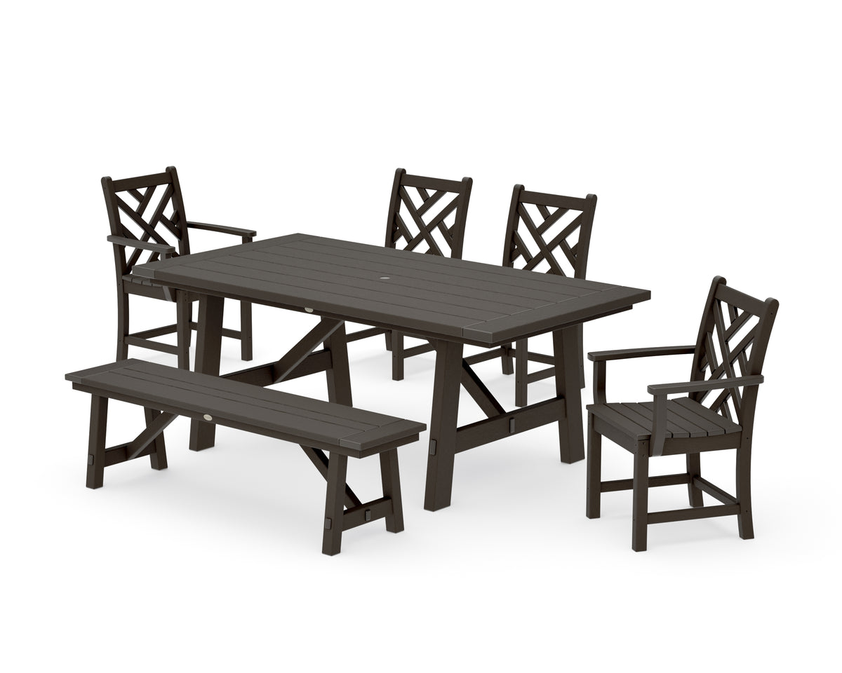 POLYWOOD Chippendale 6-Piece Rustic Farmhouse Dining Set with Bench in Vintage Coffee