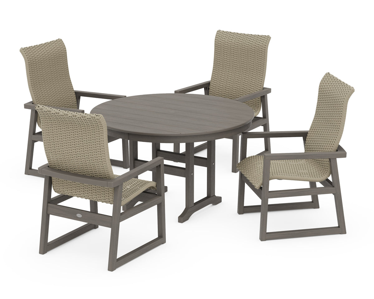 POLYWOOD EDGE Woven High-Back 5-Piece Round Farmhouse Dining Set in Driftwood / Dune Grass