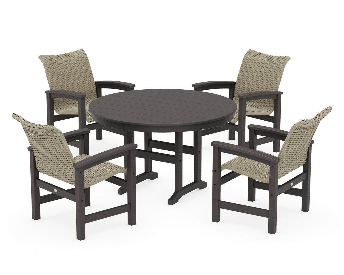POLYWOOD Coastal Woven 5-Piece Round Farmhouse Dining Set in Vintage Coffee / Dune Grass