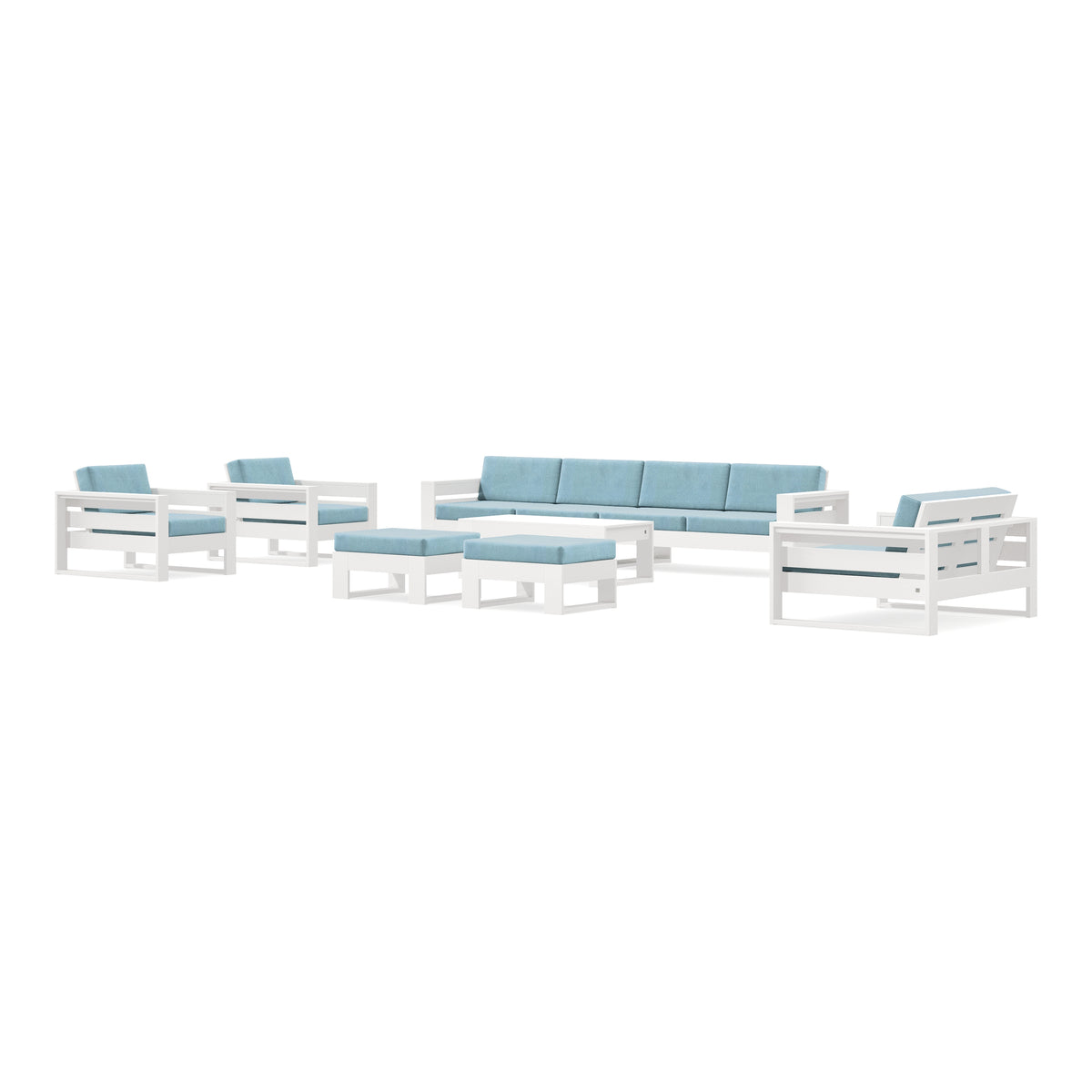 POLYWOOD PW Designer Series Latitude 8-Piece Lounge Sofa Set in Vintage White / Lattice Sky Blue
