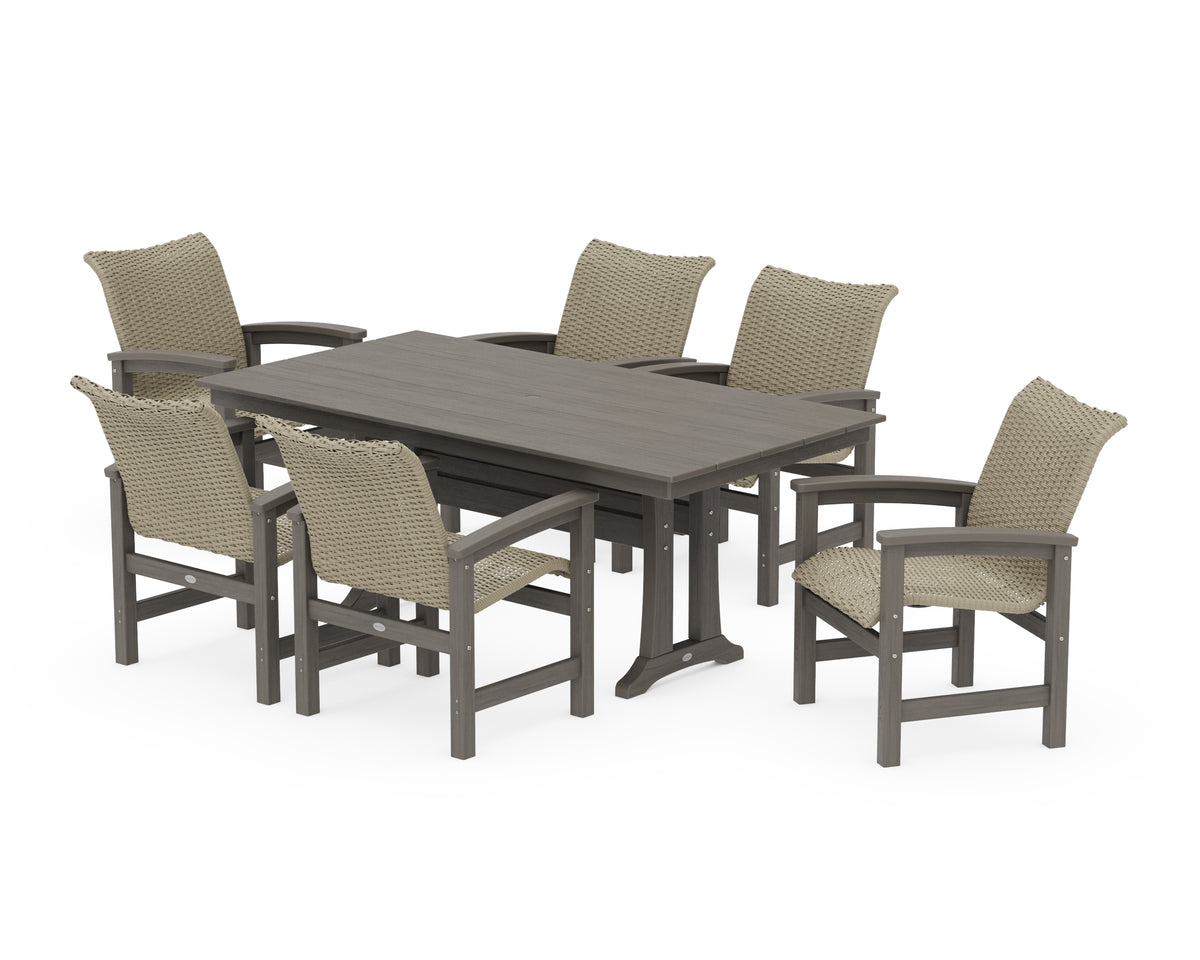 POLYWOOD Coastal Woven Arm Chair 7-Piece Farmhouse Dining Set with Trestle Legs in Driftwood / Dune Grass