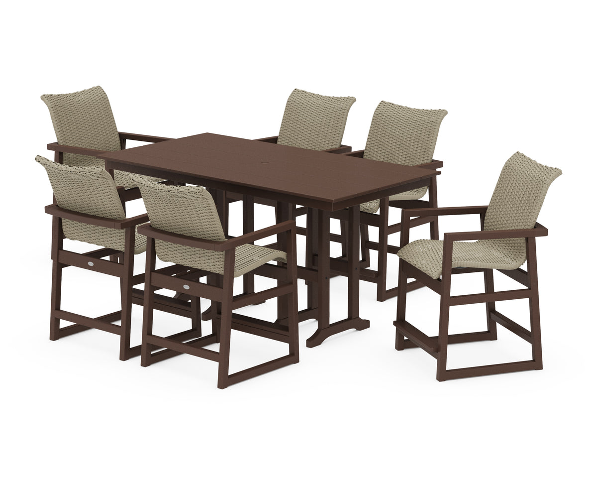 POLYWOOD EDGE Woven Arm Chair 7-Piece Farmhouse Counter Set in Mahogany / Dune Grass