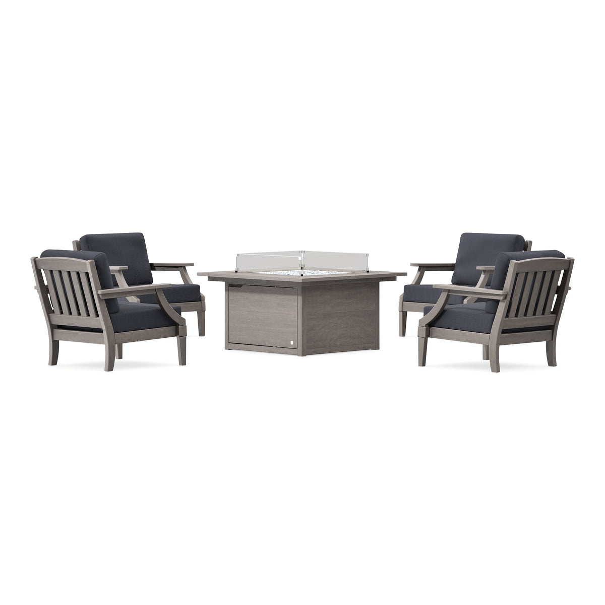 POLYWOOD PW Designer Series Estate 5-Piece Lounge Fire Table Set in Driftwood / Midnight Linen