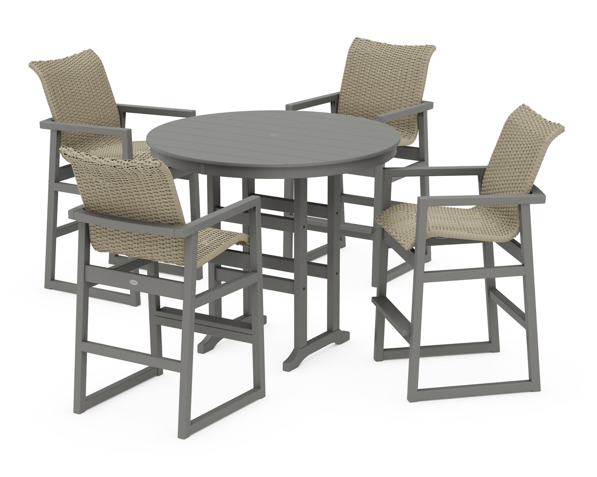 POLYWOOD EDGE Woven 5-Piece Round Farmhouse Bar Set in Slate Grey / Dune Grass