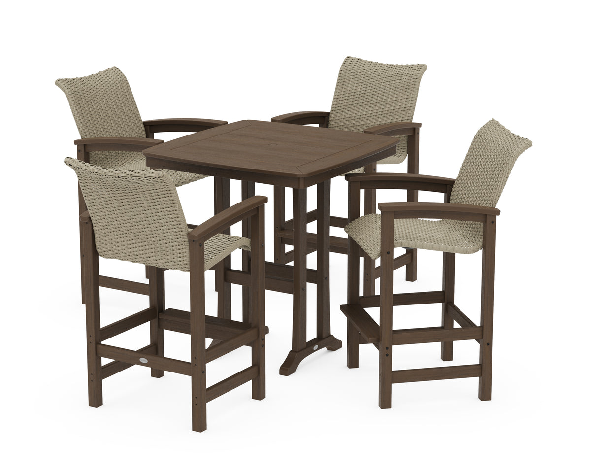 POLYWOOD Coastal Woven 5-Piece Bar Set with Trestle Legs in Kona / Dune Grass