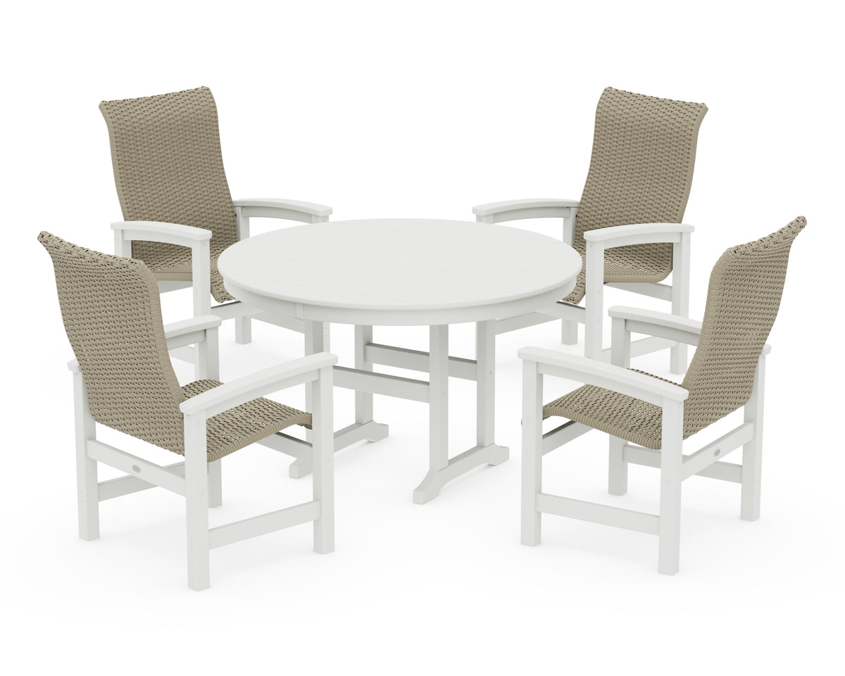 POLYWOOD Coastal Woven High-Back 5-Piece Round Farmhouse Dining Set in Vintage White / Dune Grass