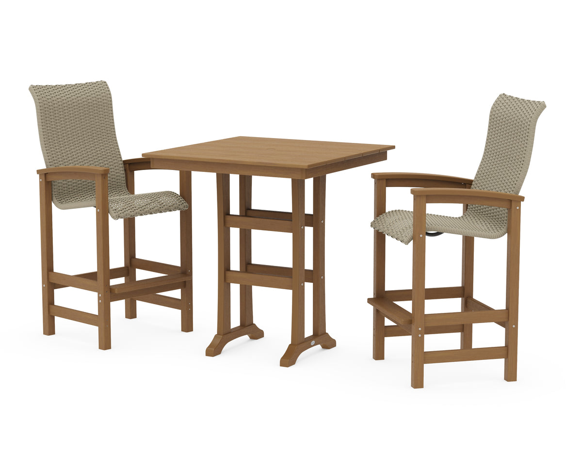 POLYWOOD Coastal Woven High-Back 3-Piece Farmhouse Bar Set with Trestle Legs in Natural / Dune Grass