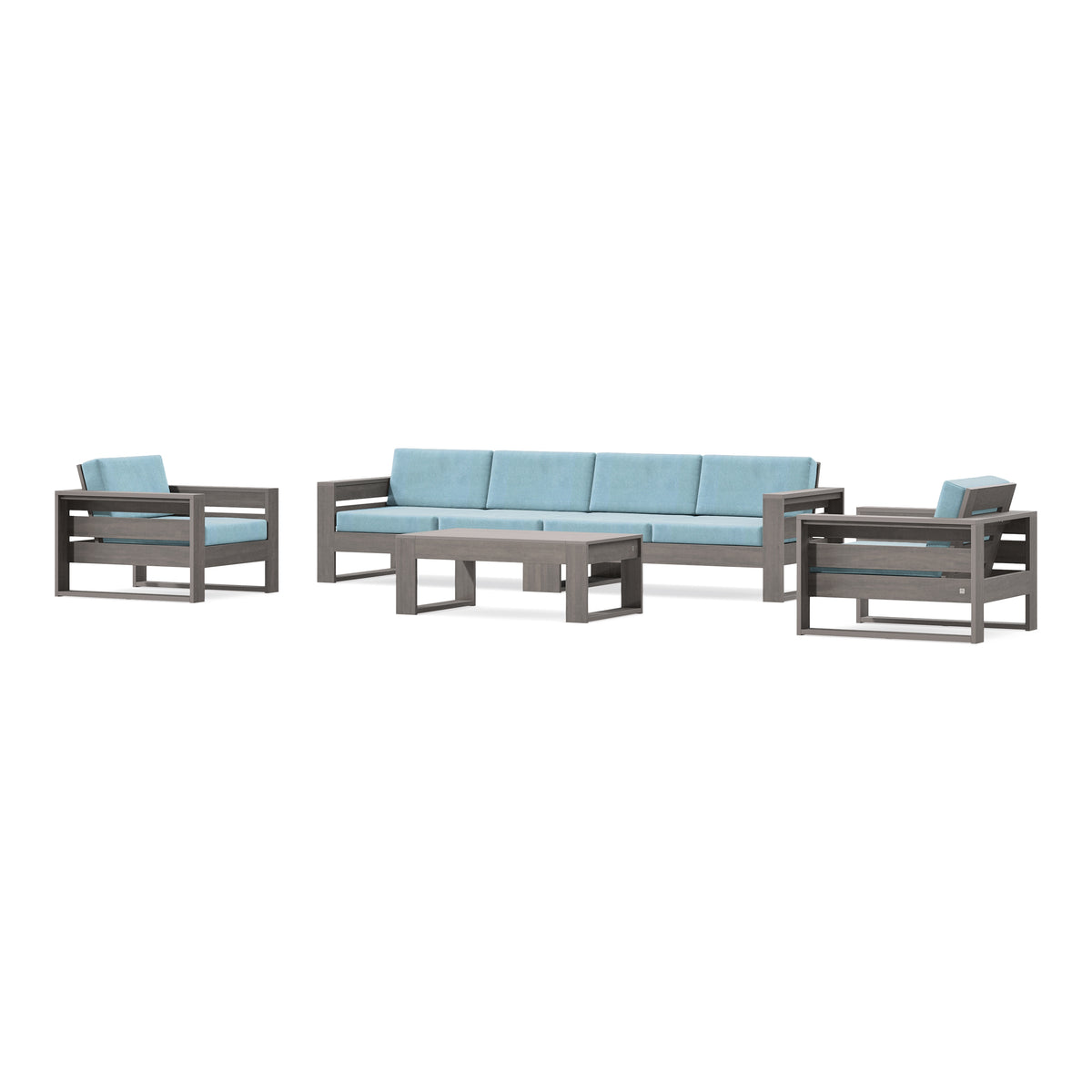 POLYWOOD PW Designer Series Latitude 5-Piece Lounge Sofa Set in Driftwood / Lattice Sky Blue