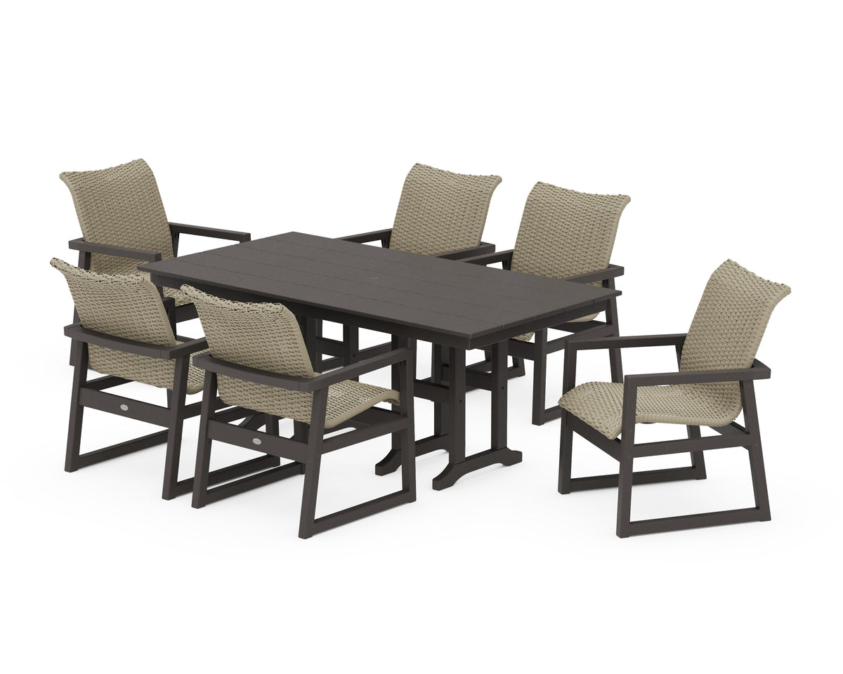 POLYWOOD EDGE Woven Arm Chair 7-Piece Farmhouse Dining Set in Vintage Coffee / Dune Grass