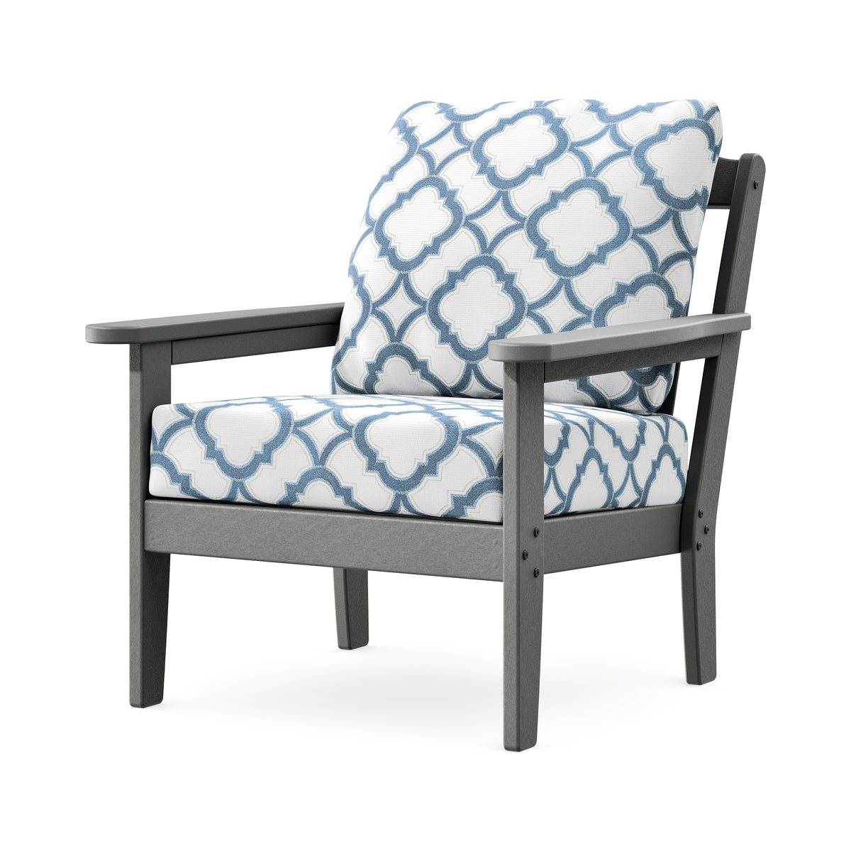 POLYWOOD Cottage Deep Seating Chair in Slate Grey / Trellis Sky Blue