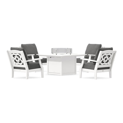 POLYWOOD Chinoiserie 5-Piece Deep Seating Set with Fire Pit Table in White