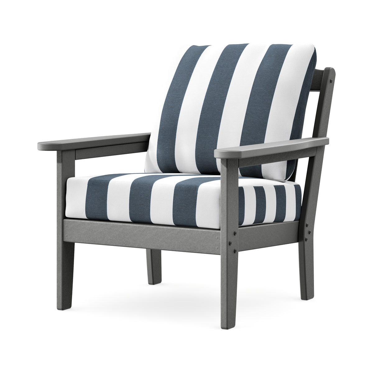 POLYWOOD Cottage Deep Seating Chair in Slate Grey / Cabana Stripe Marine Indigo