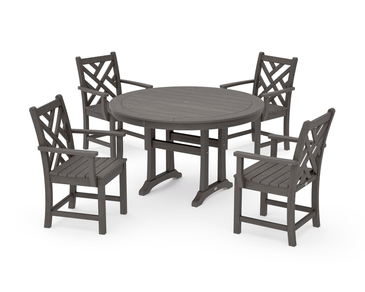 POLYWOOD Chippendale 5-Piece Nautical Trestle Dining Arm Chair Set in Driftwood
