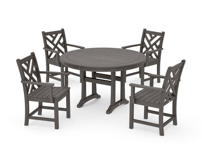POLYWOOD Chippendale 5-Piece Nautical Trestle Dining Arm Chair Set in Driftwood
