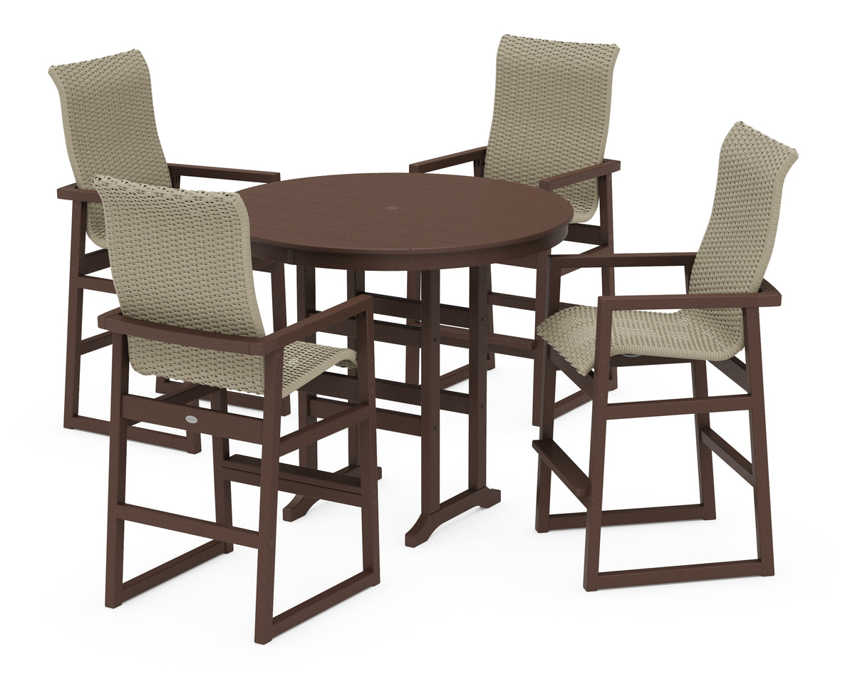 POLYWOOD EDGE Woven Highback 5-Piece Round Farmhouse Bar Set in Mahogany / Dune Grass