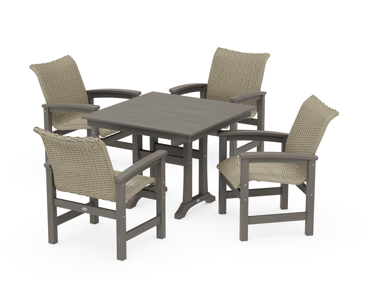 POLYWOOD Coastal Woven 5-Piece Farmhouse Dining Set with Trestle Legs in Driftwood / Dune Grass