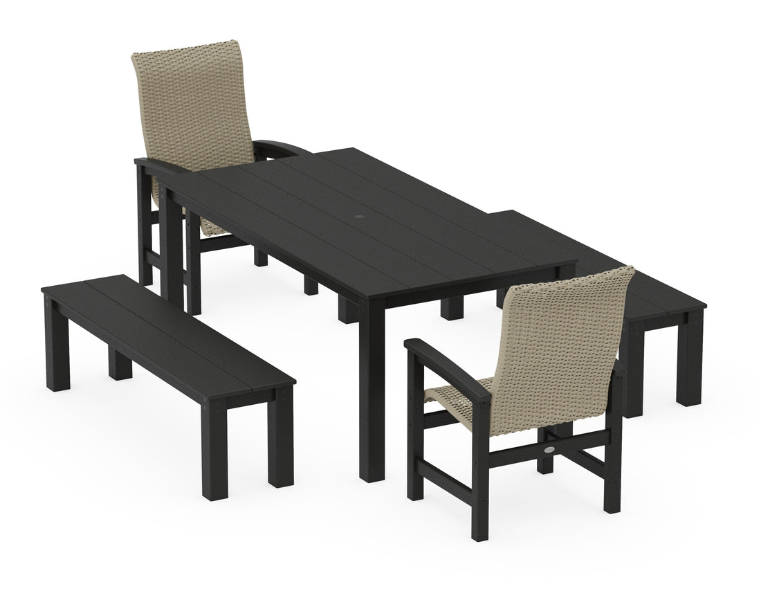 POLYWOOD Coastal Woven High-Back 5-Piece Parsons Dining Set with Benches in Black / Dune Grass