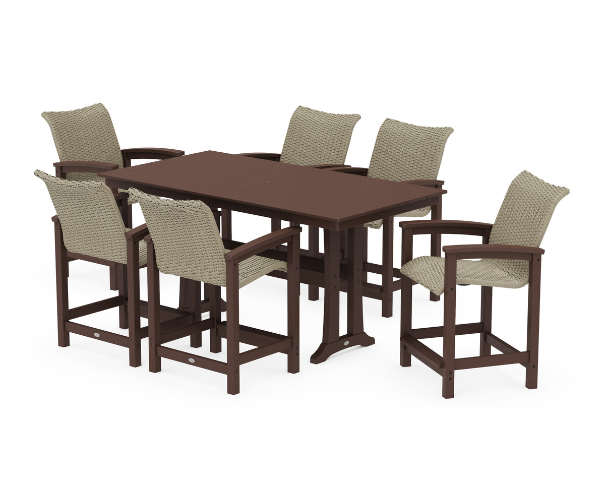 POLYWOOD Coastal Woven Arm Chair 7-Piece Farmhouse Counter Set with Trestle Legs in Mahogany / Dune Grass