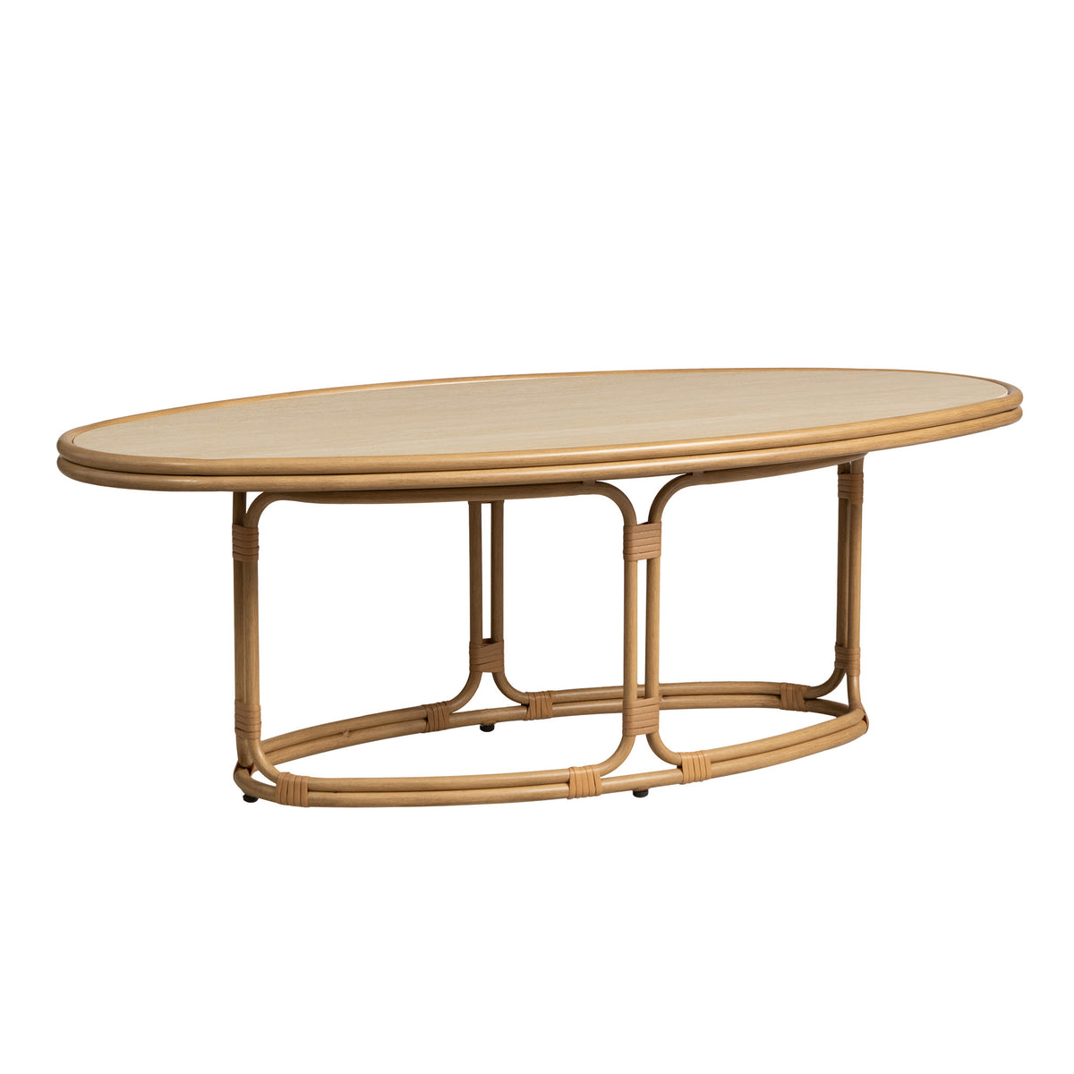 Lloyd Flanders Riviera 50" Oval Cocktail Table with Travertine Top, lifestyle photo 1