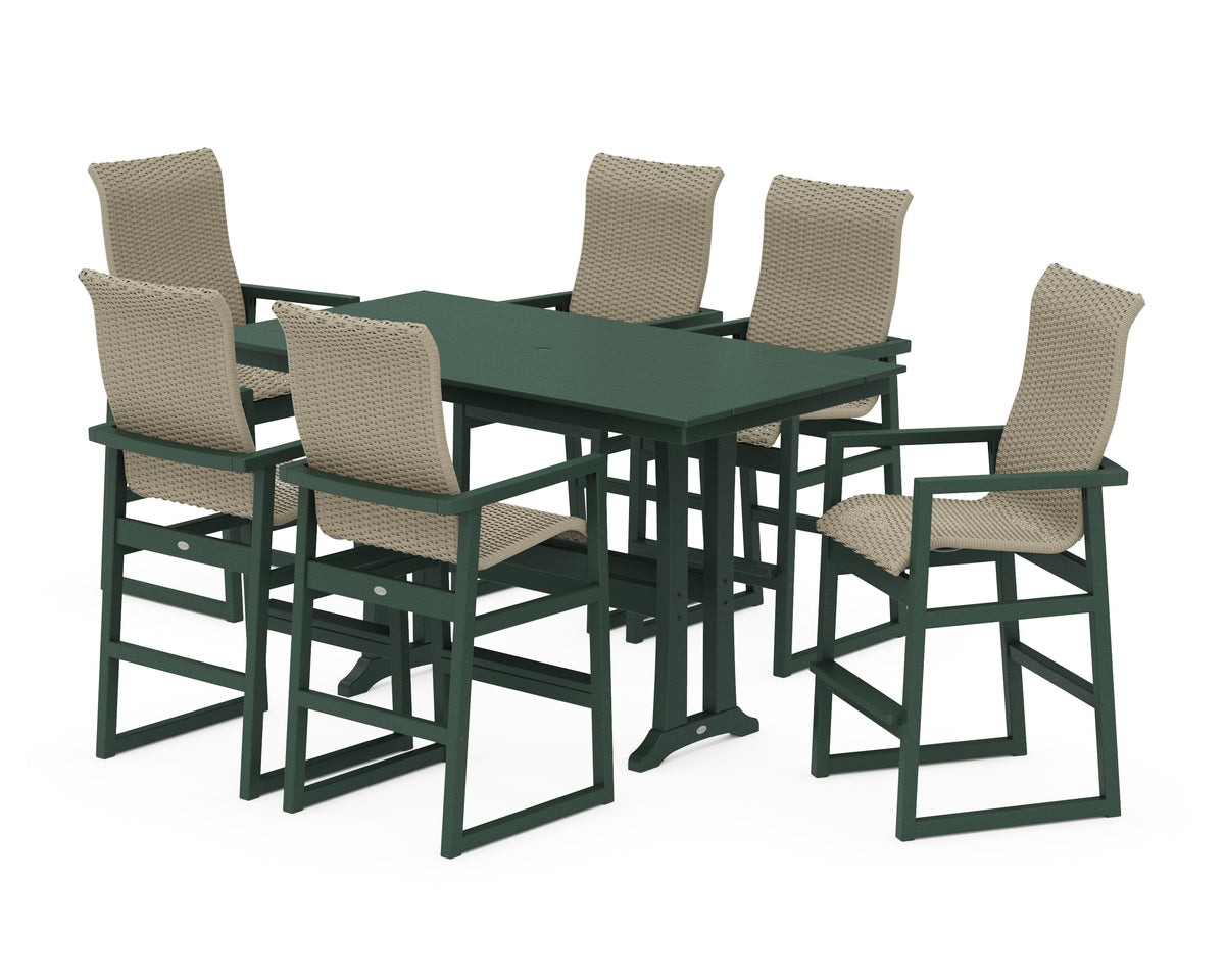 POLYWOOD EDGE Woven Highback Arm Chair 7-Piece Farmhouse Bar Set with Trestle Legs in Green / Dune Grass