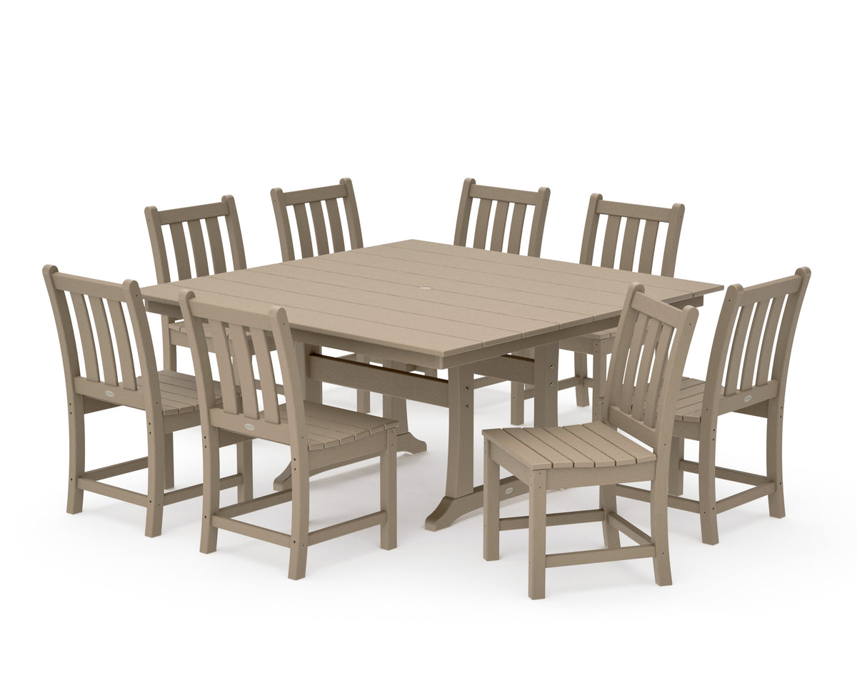 POLYWOOD Traditional Garden 9-Piece Farmhouse Trestle Dining Set in Vintage Sahara